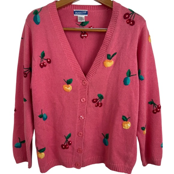 Vintage Pendleton Knockabouts Fruit Embroidered Cardigan Pink Sweater S Cotton - Picture 1 of 8